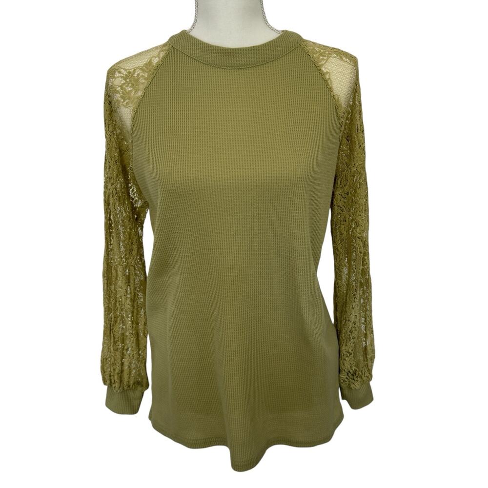 MIHOLL Olive Green Waffle Knit Top with Sheer Floral Lace Long Sleeve Size Small - Picture 2 of 11